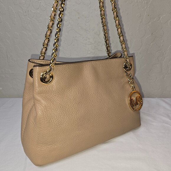 Michael Kors Jet Set Gold Chain Beige Pebble Grain Leather Medium Shoulder Bag - Picture 5 of 14
